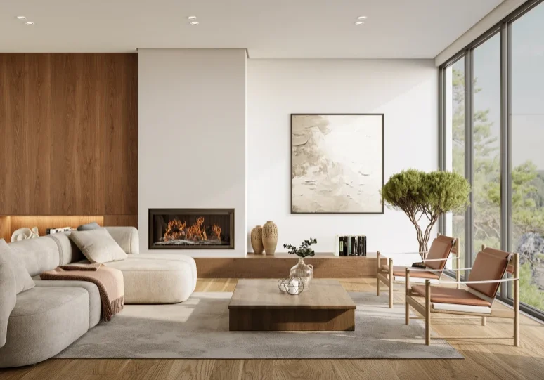 Modern living room with large windows